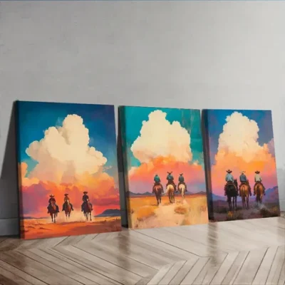 3pcs Vibrant Cowboy Riding Scenes Wall Art Set Canvas Framed 40x60cm - High Quality Print 100% Australian Made Wall Canvas Ready to Hang