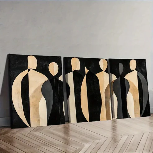 3pcs Black & Golden Abstract Figures, Wall Art Set Canvas Framed 40x60cm – High Quality Print 100% Australian Made Wall Canvas Ready to Hang