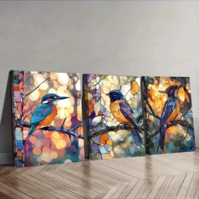 3pcs Stained Glass Bird, Luxurious Wall Art Set Canvas Framed 40x60cm - High Quality Print 100% Australian Made Wall Canvas Ready to Hang