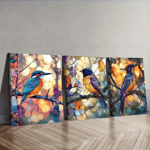 3pcs Stained Glass Bird, Luxurious Wall Art Set Canvas Framed 40x60cm – High Quality Print 100% Australian Made Wall Canvas Ready to Hang