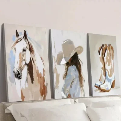 3pcs Horse, Cowgirl, and Boots Watercolor Wall Art Set Canvas Framed 50x70cm - High Quality Print 100% Australian Made Wall Canvas Ready to Hang