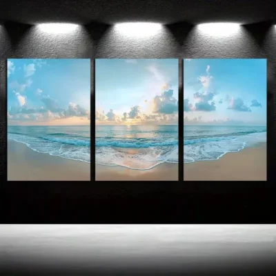 3pcs Beautiful Beach with Golden Sand & Sunset Sky Canvas Framed 50x70cm- High Quality Print 100% Australian Made Wall Canvas Ready to Hang