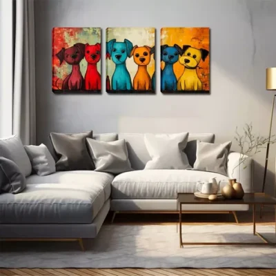 3pcs Vibrant Cartoon Dog Trio Wall Art Set Canvas Framed 40x60cm - High Quality Print 100% Australian Made Wall Canvas Ready to Hang