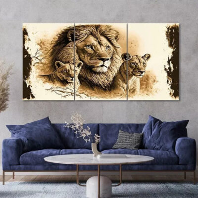 3 Piece Lion And Lioness Painting Style Canvas Framed 50x70cm- High Quality Print 100% Australian Made Wall Canvas Ready to Hang