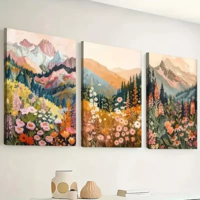 3pcs Abstract Art of Mountain And Flower Paint Wall Art Set Canvas Framed 40x60cm - High Quality Print 100% Australian Made Wall Canvas Ready to Hang
