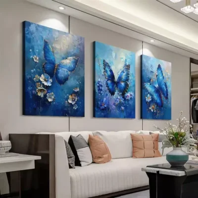 3pcs Blue Floral & Butterfly Wall Art Set Canvas Framed 50x70cm - High Quality Print 100% Australian Made Wall Canvas Ready to Hang