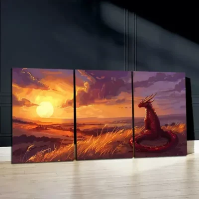 3pcs A Young Dragon Watching The Sunset Canvas Framed 50x70cm- High Quality Print 100% Australian Made Wall Canvas Ready to Hang