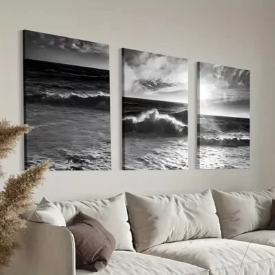3pcs Dark Ocean Wave on Beach Canvas Framed 50x70cm- High Quality Print 100% Australian Made Wall Canvas Ready to Hang