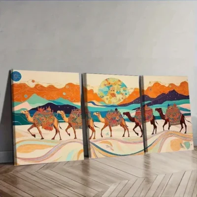 3pcs Painting A caravan of camels Wall Art Set Canvas Framed 50x70cm - High Quality Print 100% Australian Made Wall Canvas Ready to Hang