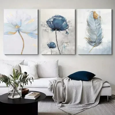 3pcs Blue Floral & Feather Abstract Canvas Framed 50x70cm- High Quality Print 100% Australian Made Wall Canvas Ready to Hang