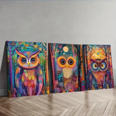 3pcs Owl, Psychedelic (7) Wall Art Set Canvas Framed 50x70cm - High Quality Print 100% Australian Made Wall Canvas Ready to Hang