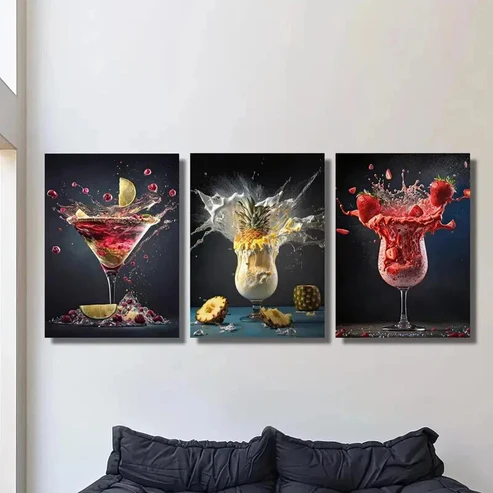 3pcs Abstract Lemon Pineapple Strawberry Wall Art Set Canvas Framed 50x70cm – High Quality Print 100% Australian Made Wall Canvas Ready to Hang