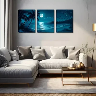 3pcs Under The Night, Coconut Trees, Beaches Wall Art Set Canvas Framed 40x60cm - High Quality Print 100% Australian Made Wall Canvas Ready to Hang