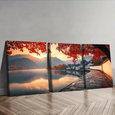 3pcs Jiangnan, ancient town With Trees Wall Art Set Canvas Framed 40x60cm - High Quality Print 100% Australian Made Wall Canvas Ready to Hang