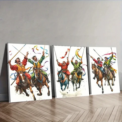 3pcs Dynamic Horseback Warrior Scene Wall Art Canvas Wall Art Set Canvas Framed 50x70cm – High Quality Print 100% Australian Made Wall Canvas Ready to Hang