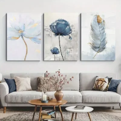 3pcs Blue Flower Canvas Framed 50x70cm- High Quality Print 100% Australian Made Wall Canvas Ready to Hang