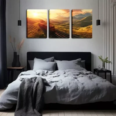 3pcs Scenic Mountain Train Warm Sunset Landscape Wall Art Set Canvas Framed 40x60cm - High Quality Print 100% Australian Made Wall Canvas Ready to Hang