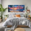 3pcs Vibrant Beach Scene with Palm Trees, Wall Art Set Canvas Framed 40x60cm - High Quality Print 100% Australian Made Wall Canvas Ready to Hang