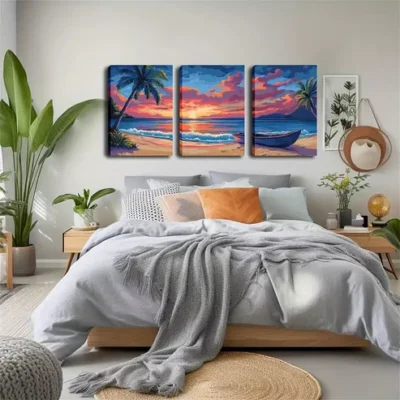 3pcs Vibrant Beach Scene with Palm Trees, Wall Art Set Canvas Framed 40x60cm - High Quality Print 100% Australian Made Wall Canvas Ready to Hang