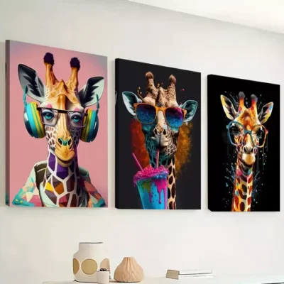 3pcs stylish giraffe - animal paintings graffiti Wall Art Set Canvas Framed 40x60cm - High Quality Print 100% Australian Made Wall Canvas Ready to Hang