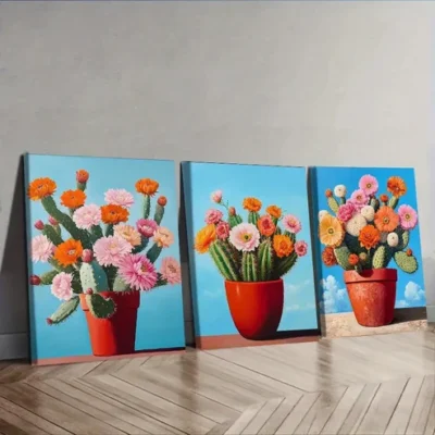 3pcs Vibrant Cactus & Flower Wall Art Set Canvas Framed 40x60cm - High Quality Print 100% Australian Made Wall Canvas Ready to Hang