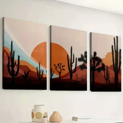 3pcs abstract landscape art, cartoon cactus Wall Art Set Canvas Framed 40x60cm - High Quality Print 100% Australian Made Wall Canvas Ready to Hang