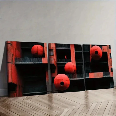 3pcs The red ball on the wall Wall Art Set Canvas Framed 50x70cm – High Quality Print 100% Australian Made Wall Canvas Ready to Hang