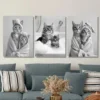3pcs Adorable Black and White Cat Wall Art Set Canvas Framed 50x70cm - High Quality Print 100% Australian Made Wall Canvas Ready to Hang - Image 3