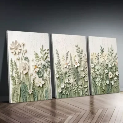 3pcs Modern Light Green Floral Canvas Framed 50x70cm- High Quality Print 100% Australian Made Wall Canvas Ready to Hang