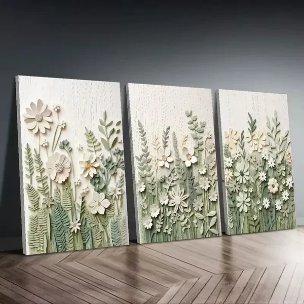 3pcs Modern Light Green Floral Canvas Framed 50x70cm- High Quality Print 100% Australian Made Wall Canvas Ready to Hang