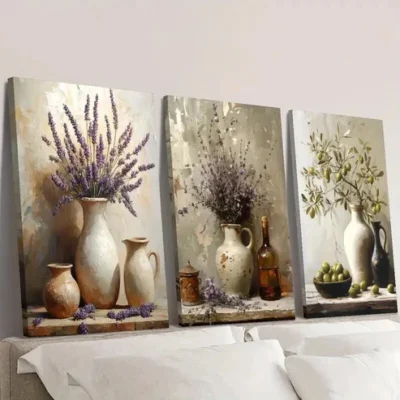 3pcs Rustic Lavender Pottery Jar Wall Art Set Canvas Framed 50x70cm - High Quality Print 100% Australian Made Wall Canvas Ready to Hang