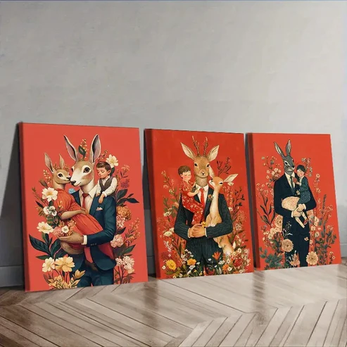 3pcs Mr. Rabbit, With Wife Floral Background Wall Art Set Canvas Framed 40x60cm – High Quality Print 100% Australian Made Wall Canvas Ready to Hang