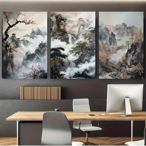 3pcs Mountain & Forest Chinese landscape Canvas Framed 40x60cm – High Quality Print 100% Australian Made Wall Canvas Ready to Hang