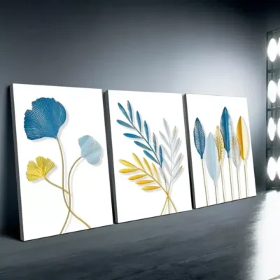3pcs Blue and Golden leaves Of Flora Canvas Framed 50x70cm- High Quality Print 100% Australian Made Wall Canvas Ready to Hang