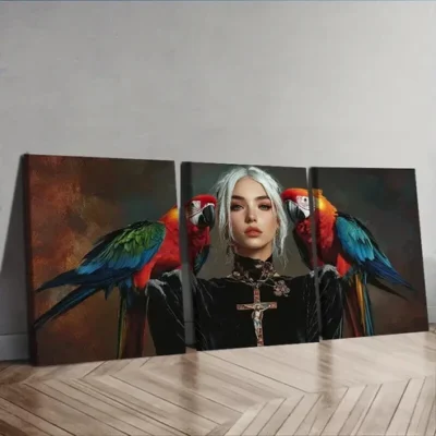3pcs Colorful Parrots And Girls Wall Art Set Canvas Framed 50x70cm - High Quality Print 100% Australian Made Wall Canvas Ready to Hang