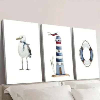 3pcs White seagull wearing scarf, lighthouse Wall Art Set Canvas Framed 50x70cm - High Quality Print 100% Australian Made Wall Canvas Ready to Hang