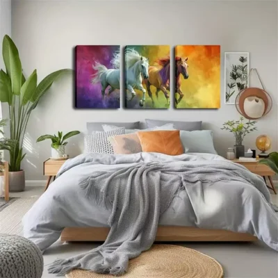 3pcs Dynamic Horse Designs in Purple, Blue Wall Art Set Canvas Framed 40x60cm - High Quality Print 100% Australian Made Wall Canvas Ready to Hang