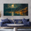 3pcs Cliffside Village at Night Full Moon Scenery Canvas Framed 50x70cm- High Quality Print 100% Australian Made Wall Canvas Ready to Hang