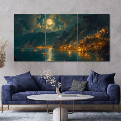 3pcs Cliffside Village at Night Full Moon Scenery Canvas Framed 50x70cm- High Quality Print 100% Australian Made Wall Canvas Ready to Hang