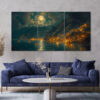 3pcs Cliffside Village at Night Full Moon Scenery Canvas Framed 40x60cm - High Quality Print 100% Australian Made Wall Canvas Ready to Hang - Image 2