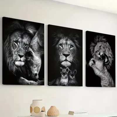 3pcs Lion House, animal Black and White print Wall Art Set Canvas Framed 40x60cm - High Quality Print 100% Australian Made Wall Canvas Ready to Hang