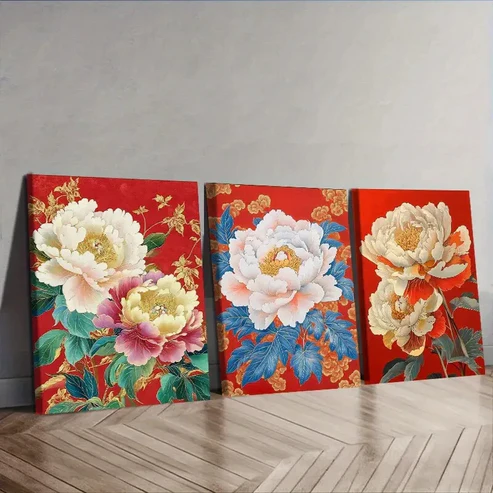 3pcs Peony flower painting Wall Art Set Canvas Framed 40x60cm – High Quality Print 100% Australian Made Wall Canvas Ready to Hang