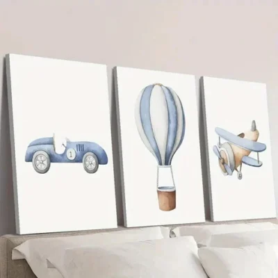 3pcs Cartoon vehicles, cars, hot air balloons Wall Art Set Canvas Framed 50x70cm - High Quality Print 100% Australian Made Wall Canvas Ready to Hang