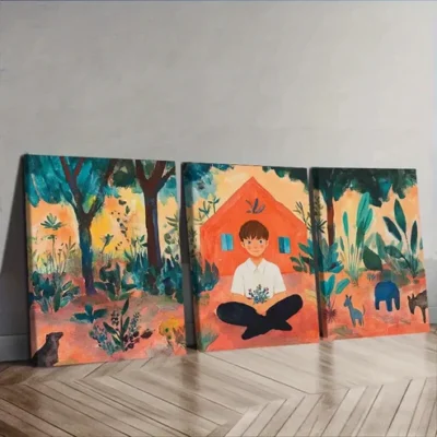 3pcs Vibrant Boy & Wildlife Scenes Wall Art Set Canvas Framed 40x60cm - High Quality Print 100% Australian Made Wall Canvas Ready to Hang