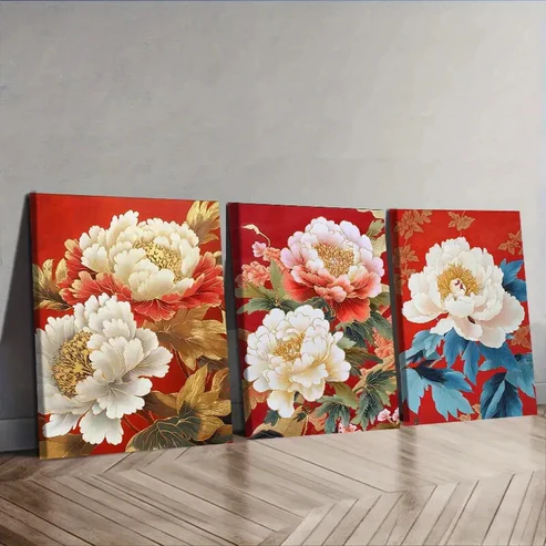 3pcs Luxurious Peony Flower Painting, Wall Art Set Canvas Framed 40x60cm – High Quality Print 100% Australian Made Wall Canvas Ready to Hang