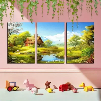 3pcs Spring Landscape with River and Trees Canvas Framed 50x70cm- High Quality Print 100% Australian Made Wall Canvas Ready to Hang