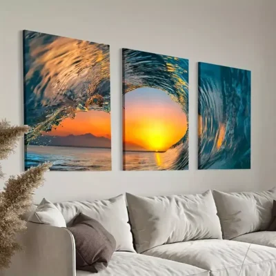 3pcs Ocean Great Wave Surfing and Sunset Canvas Framed 50x70cm- High Quality Print 100% Australian Made Wall Canvas Ready to Hang