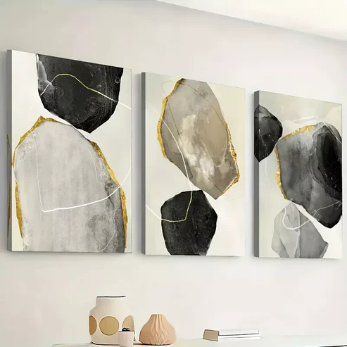 3pcs Featuring Abstract Modern Stone Gold Black Wall Art Set Canvas Framed 40x60cm – High Quality Print 100% Australian Made Wall Canvas Ready to Hang