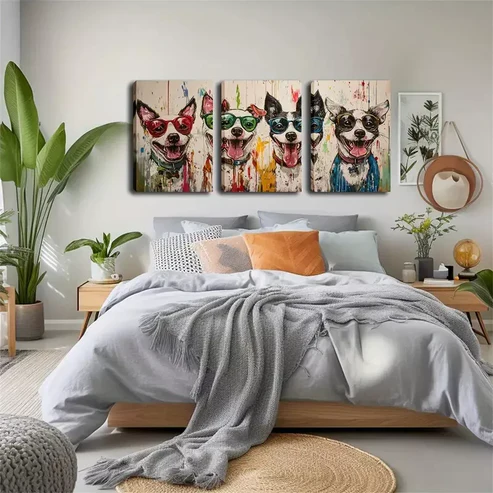 3pcs Four Dogs Wearing Glasses Wall Art Set Canvas Framed 40x60cm – High Quality Print 100% Australian Made Wall Canvas Ready to Hang