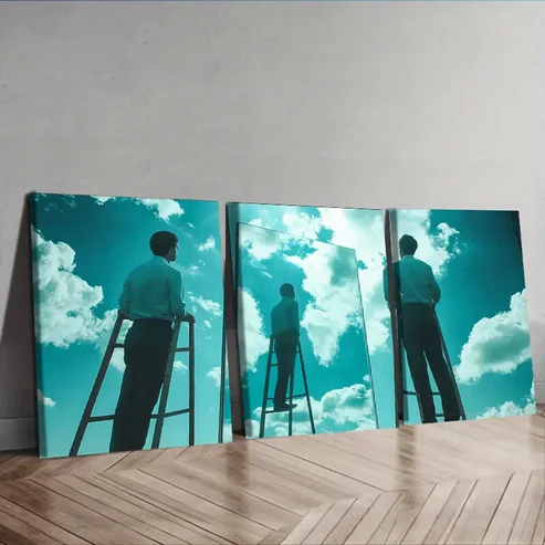 3pcs Surreal Film Triptych with Ladder & Sky Wall Art Set Canvas Framed 40x60cm – High Quality Print 100% Australian Made Wall Canvas Ready to Hang